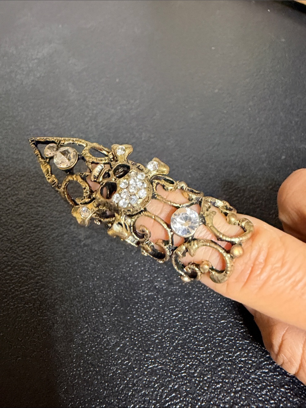 Vintage-Inspired Skull Rhinestones Gold Filigree Crystal Midi Finger Ring
